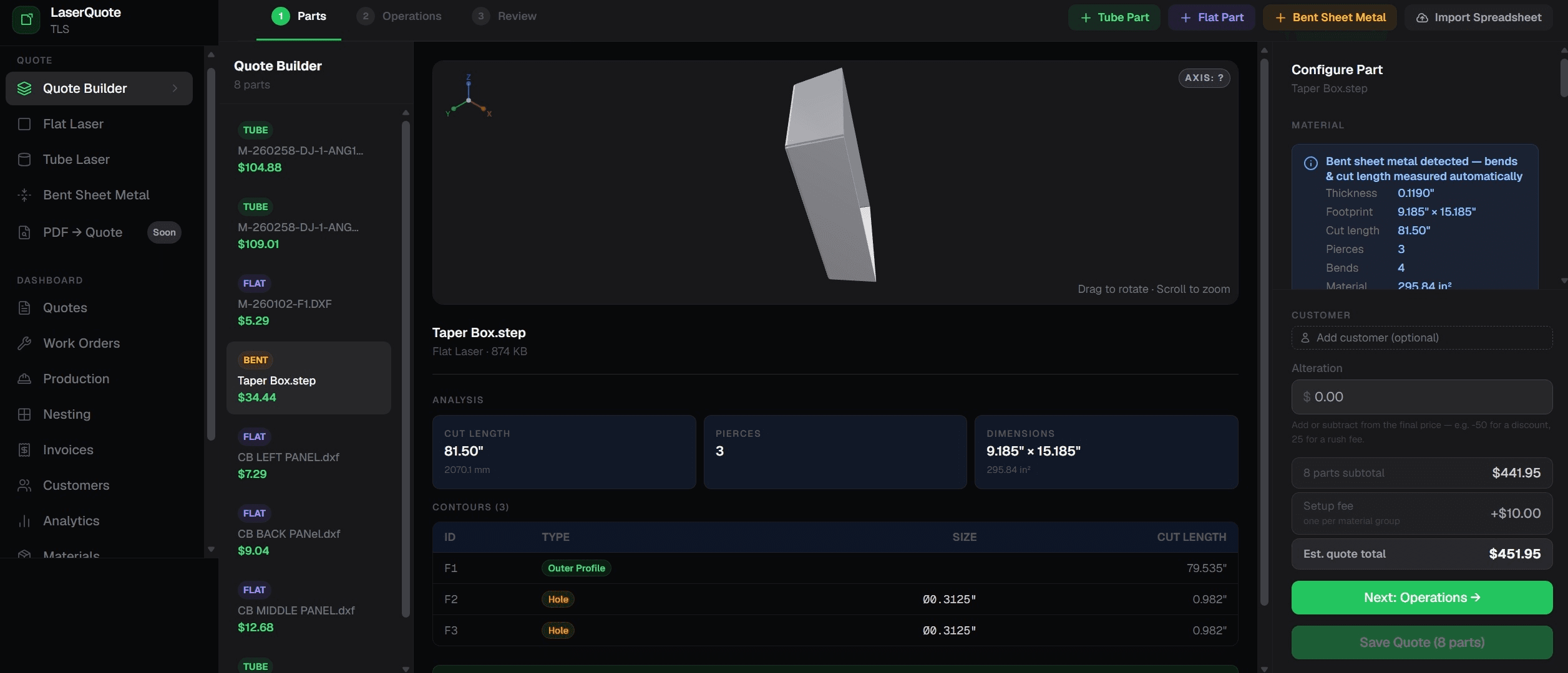 LaserQuote Quote Builder showing a bent sheet-metal part's live pricing breakdown, 3D preview, and multi-part quote total